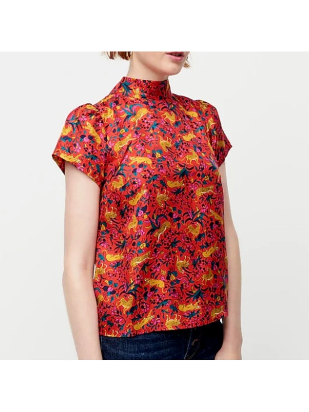 J.CREW Collection Silk Bow Back Top Jungle Cat Print Size O